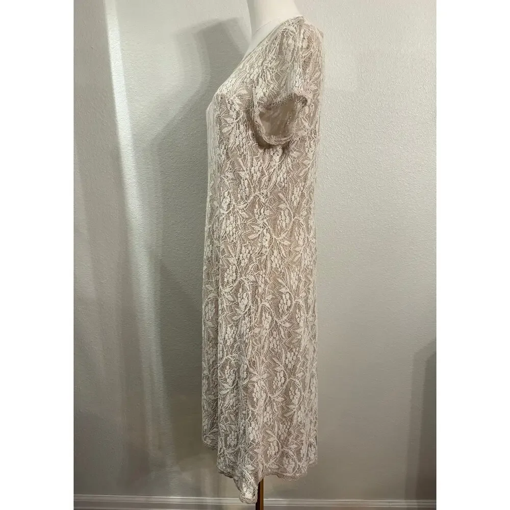 SUNDANCE Dress | Ivory Lace Sweetheart Midi Lined Short Sleeve Romantic | LARGE - Picture 6 of 9
